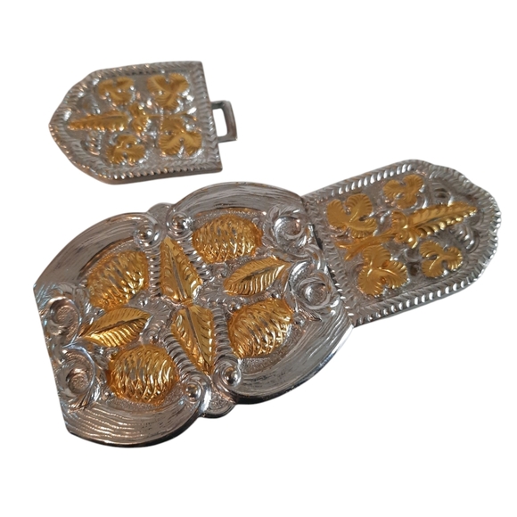 Vtg ALEXIS KIRK Red Snakeskin Belt w/ 2pc Gold/Silver Etruscan Style Buckle O/S main image 7